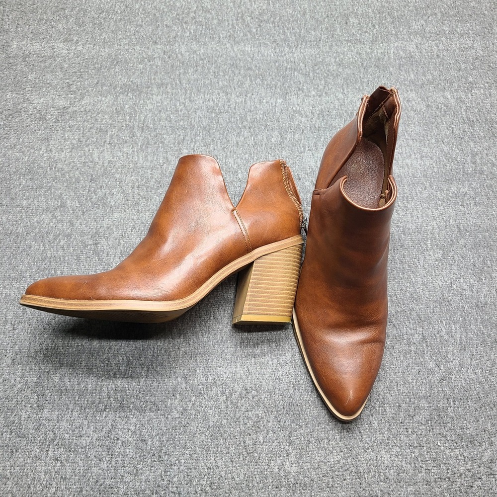 Mysoft Ankle Booties Womens 9.5 Brown Excellent V-Cut Block Heel Pointed Toe